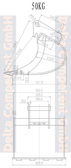 Delta-Competent MS01 Tieflöffel Baggerschaufel Baggerlöffel Minibagger 50 cm 500 mm